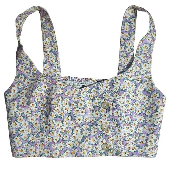 Zara Linen Blend Ditsy Floral Smocked Back Button Front Crop Top S Purple White - Picture 3 of 16